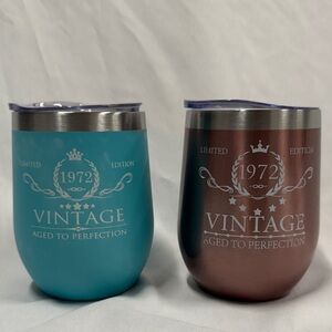 Two 1972 Birthday Coffee/Wine Tumblers - Teal and Champagne Colors